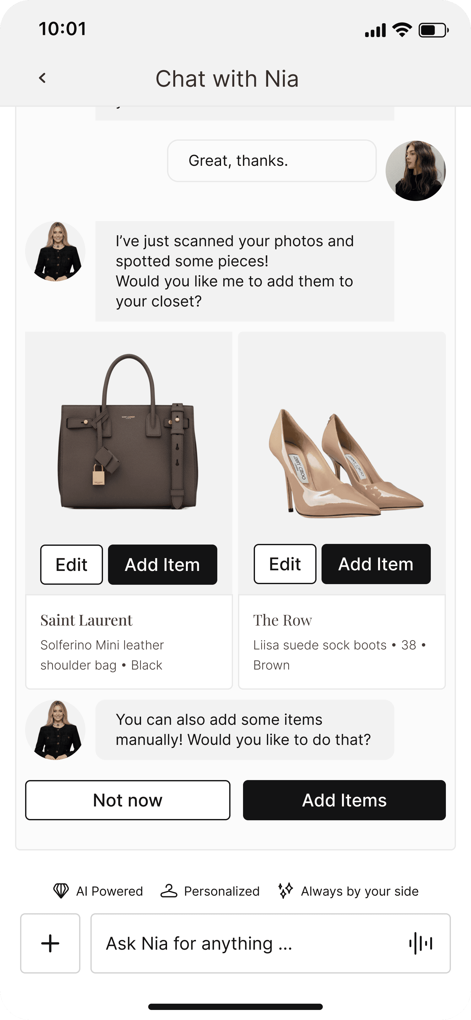 Nia proposing detected closet items, each with Edit and Add item