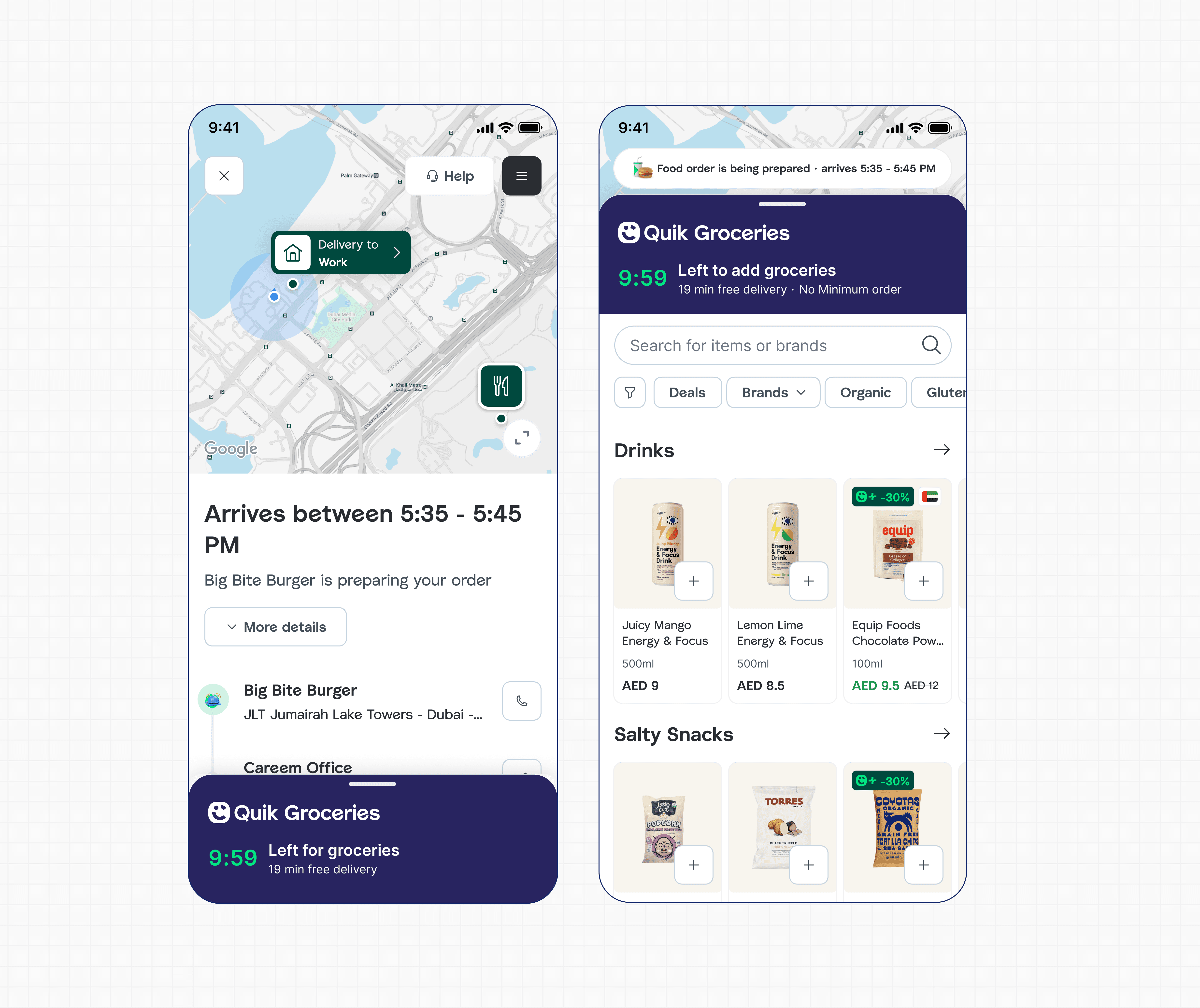 Careem order tracking with the Quik groceries cross-sell sheet