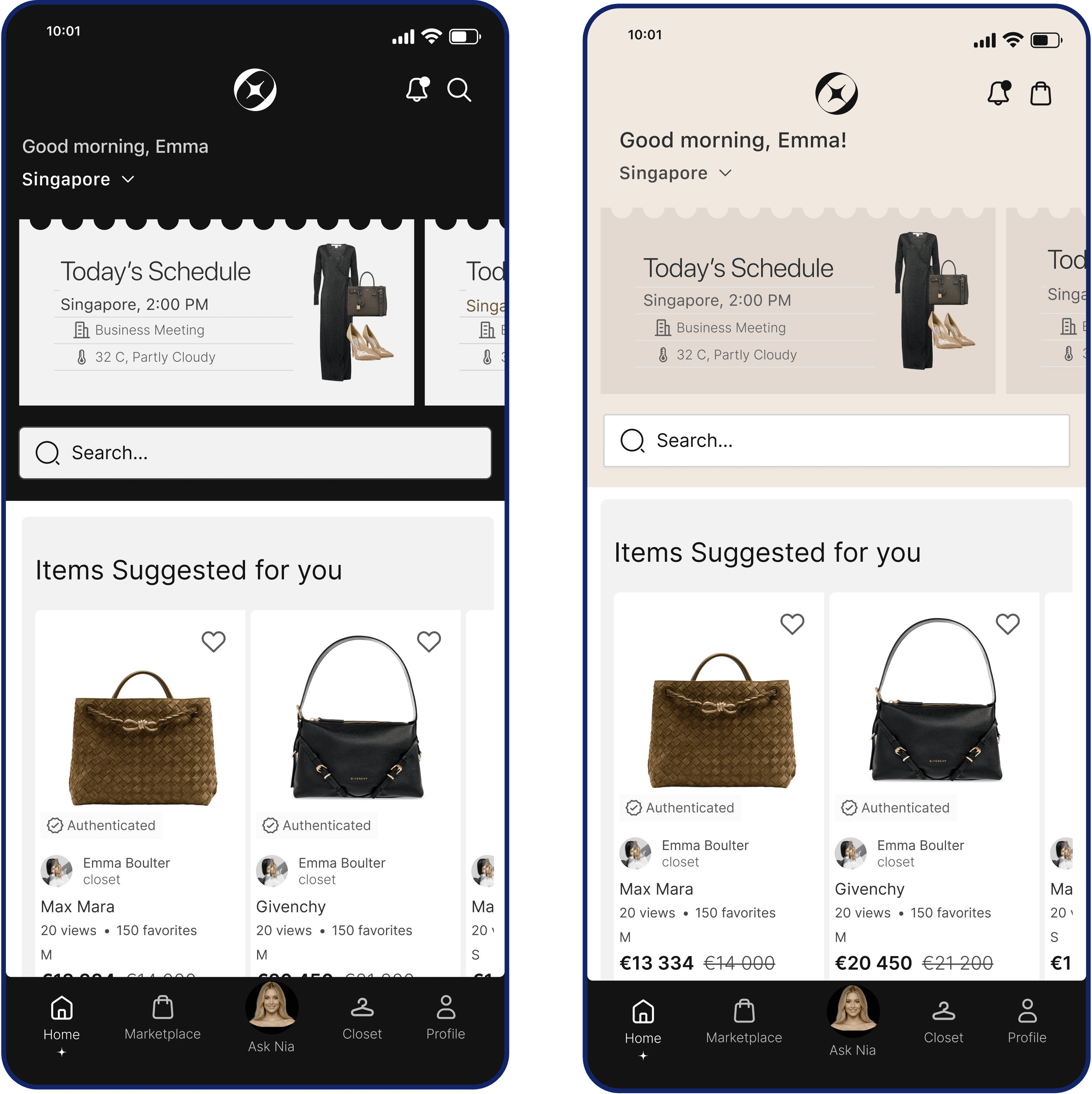 OWNE app screens: closet, Nia and authentication