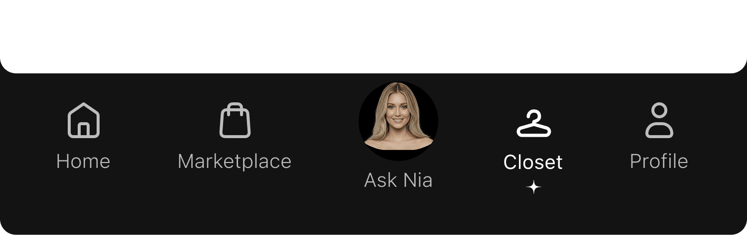 Nia entry points: tab bar, closet bar, home card, notification